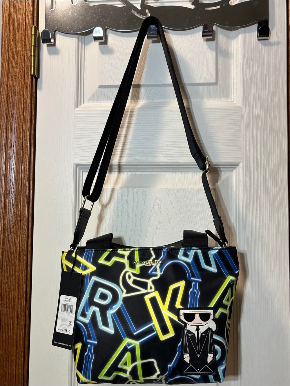 NWT Karl Lagerfeld Paris Amour Nylon Neon Logo Crossbody Purse Shoulder Bag Tote